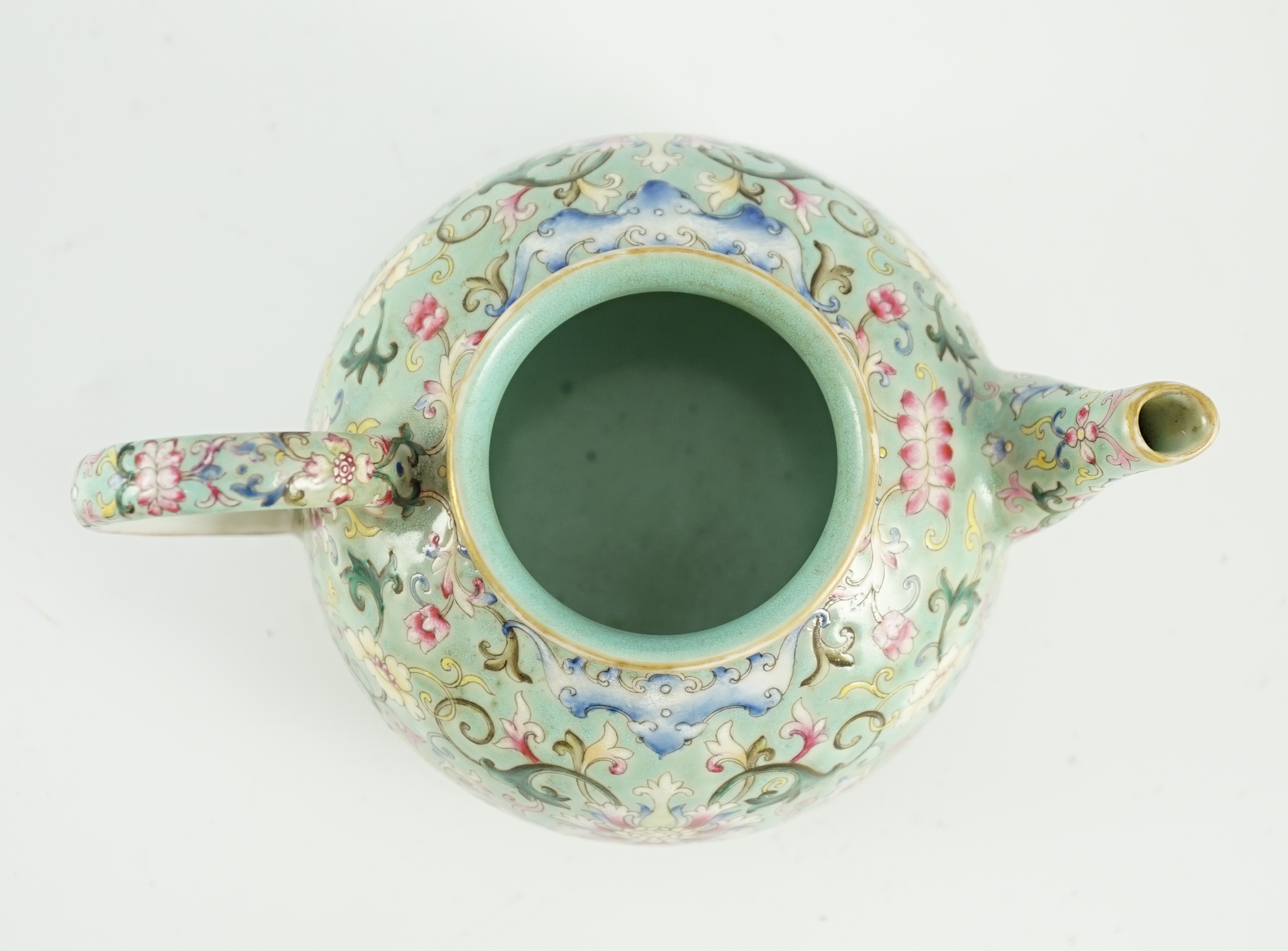 A Chinese turquoise ground enamelled porcelain teapot and cover, Jiaqing seal mark but Republic period